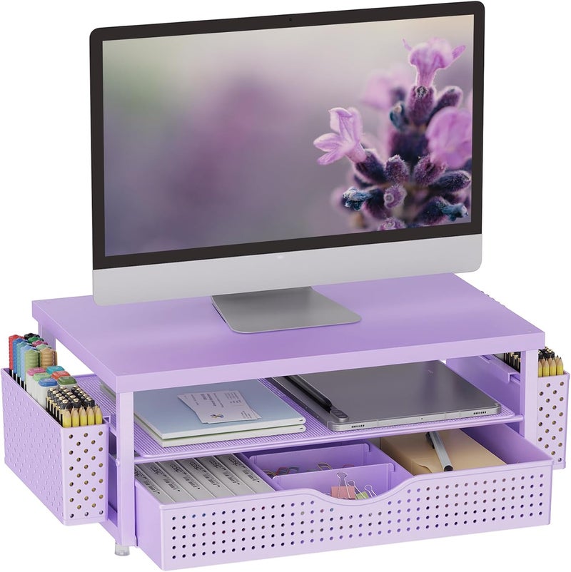 gianotter Wood Monitor Stand Riser, Desk Organizer with Drawer and 2 Pen Holders, 2-Tier Workspace Organizer for Office Supplies (Purple Wood) - Image 1